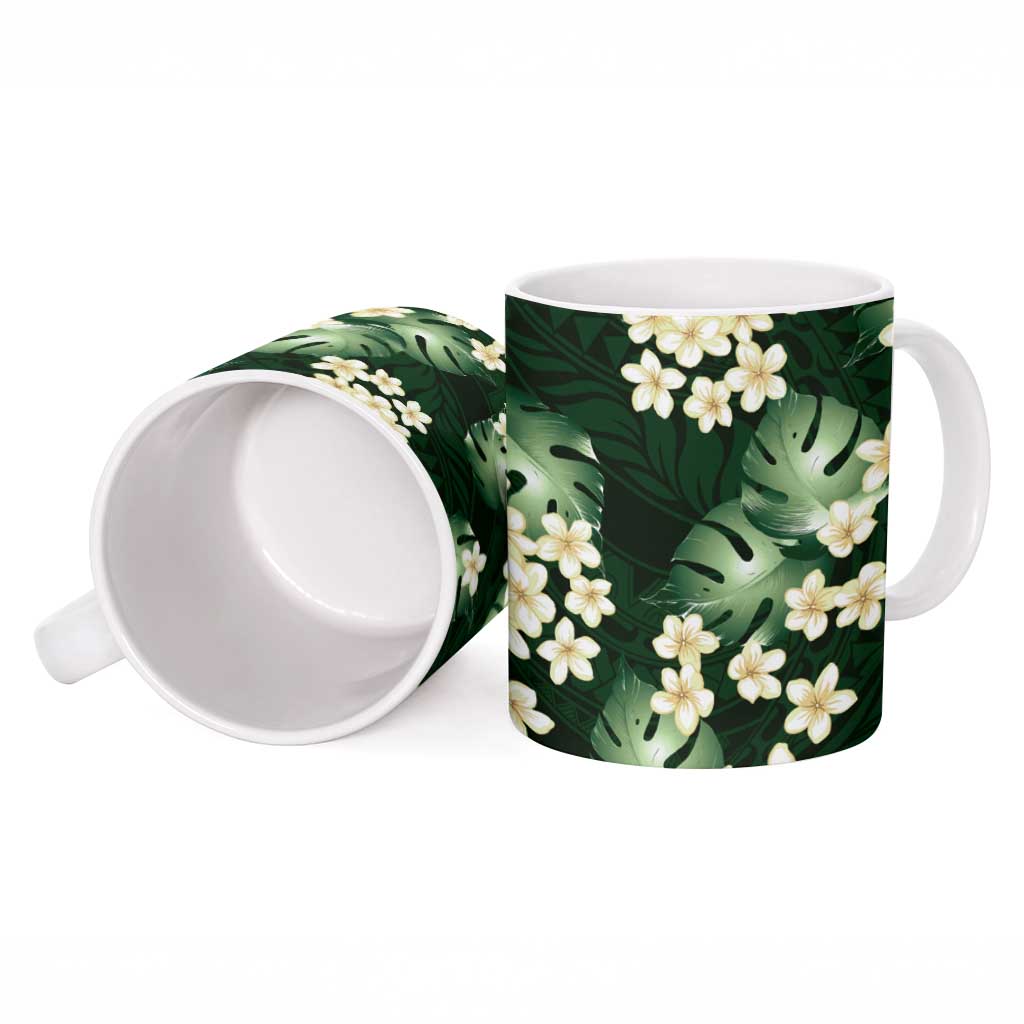 Green Tropical Hawaii Ceramic Mug Seamless Monstera Plumeria Hawaiian Pattern LT14 - Polynesian Pride