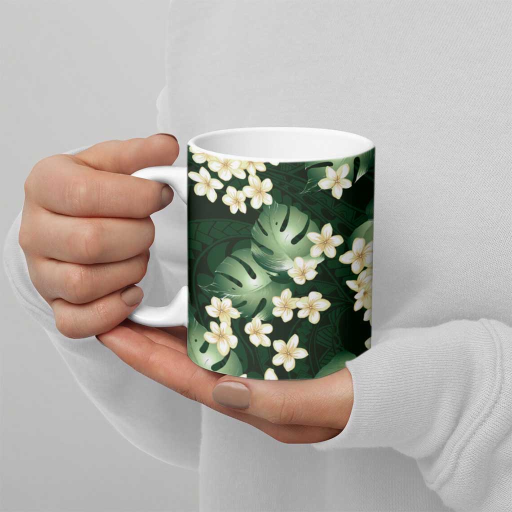 Green Tropical Hawaii Ceramic Mug Seamless Monstera Plumeria Hawaiian Pattern LT14 - Polynesian Pride