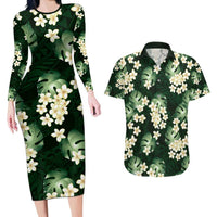 Green Tropical Hawaii Couples Matching Long Sleeve Bodycon Dress and Hawaiian Shirt Seamless Monstera Plumeria Hawaiian Pattern - Polynesian Pride
