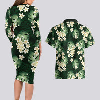 Green Tropical Hawaii Couples Matching Long Sleeve Bodycon Dress and Hawaiian Shirt Seamless Monstera Plumeria Hawaiian Pattern - Polynesian Pride