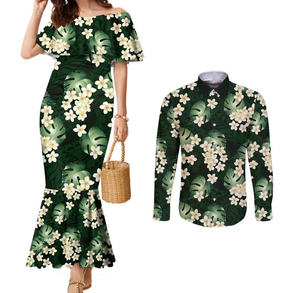 Green Tropical Hawaii Couples Matching Mermaid Dress and Long Sleeve Button Shirt Seamless Monstera Plumeria Hawaiian Pattern - Polynesian Pride