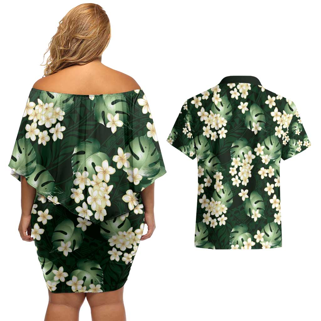Green Tropical Hawaii Couples Matching Off Shoulder Short Dress and Hawaiian Shirt Seamless Monstera Plumeria Hawaiian Pattern - Polynesian Pride