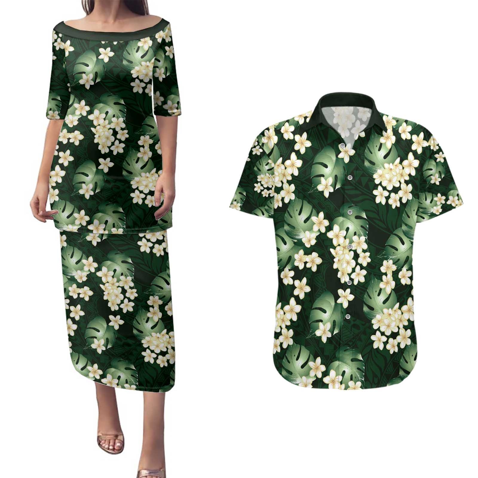 Green Tropical Hawaii Couples Matching Puletasi and Hawaiian Shirt Seamless Monstera Plumeria Hawaiian Pattern LT14 Green - Polynesian Pride