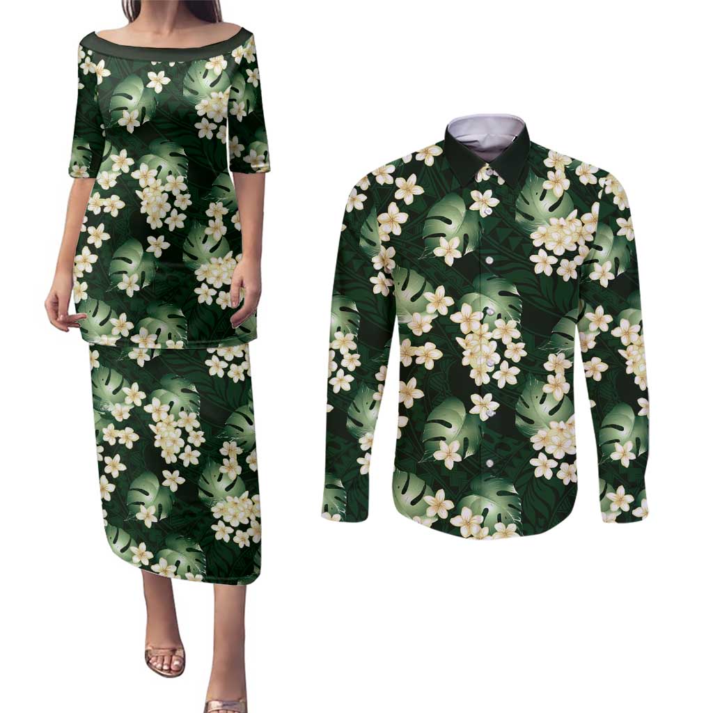 Green Tropical Hawaii Couples Matching Puletasi and Long Sleeve Button Shirt Seamless Monstera Plumeria Hawaiian Pattern - Polynesian Pride