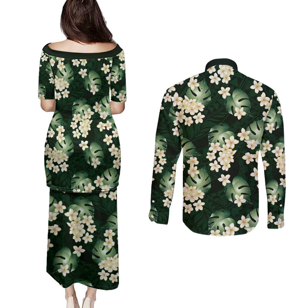 Green Tropical Hawaii Couples Matching Puletasi and Long Sleeve Button Shirt Seamless Monstera Plumeria Hawaiian Pattern LT14 - Polynesian Pride