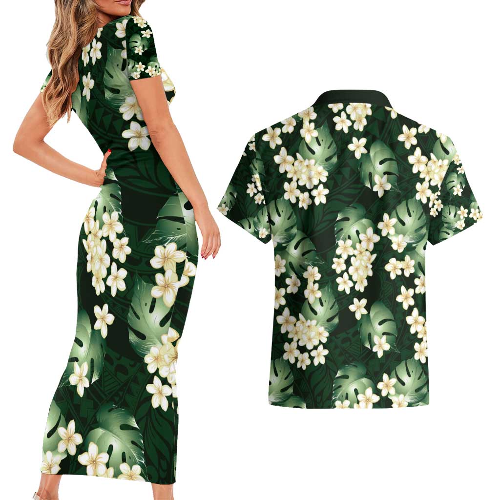 Green Tropical Hawaii Couples Matching Short Sleeve Bodycon Dress and Hawaiian Shirt Seamless Monstera Plumeria Hawaiian Pattern - Polynesian Pride
