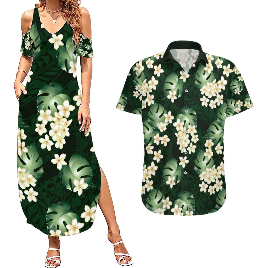 Green Tropical Hawaii Couples Matching Summer Maxi Dress and Hawaiian Shirt Seamless Monstera Plumeria Hawaiian Pattern - Polynesian Pride