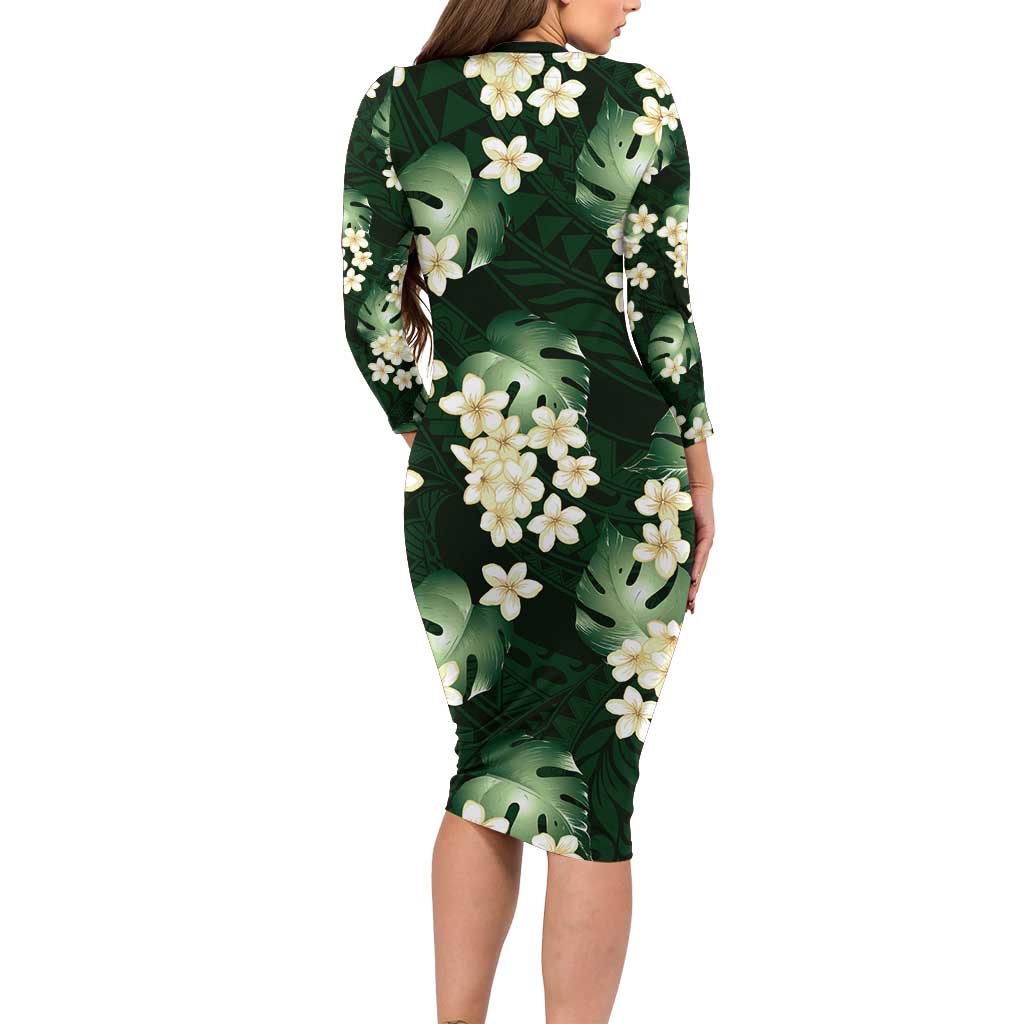 Green Tropical Hawaii Family Matching Long Sleeve Bodycon Dress and Hawaiian Shirt Seamless Monstera Plumeria Hawaiian Pattern - Polynesian Pride