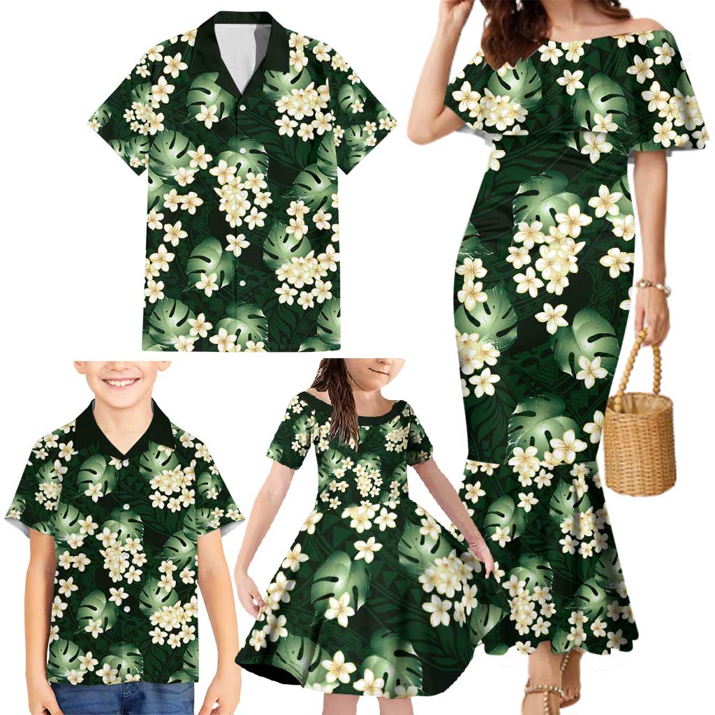 Green Tropical Hawaii Family Matching Mermaid Dress and Hawaiian Shirt Seamless Monstera Plumeria Hawaiian Pattern - Polynesian Pride