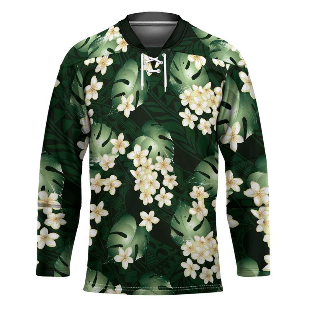 Green Tropical Hawaii Hockey Jersey Seamless Monstera Plumeria Hawaiian Pattern LT14 Unisex Green - Polynesian Pride