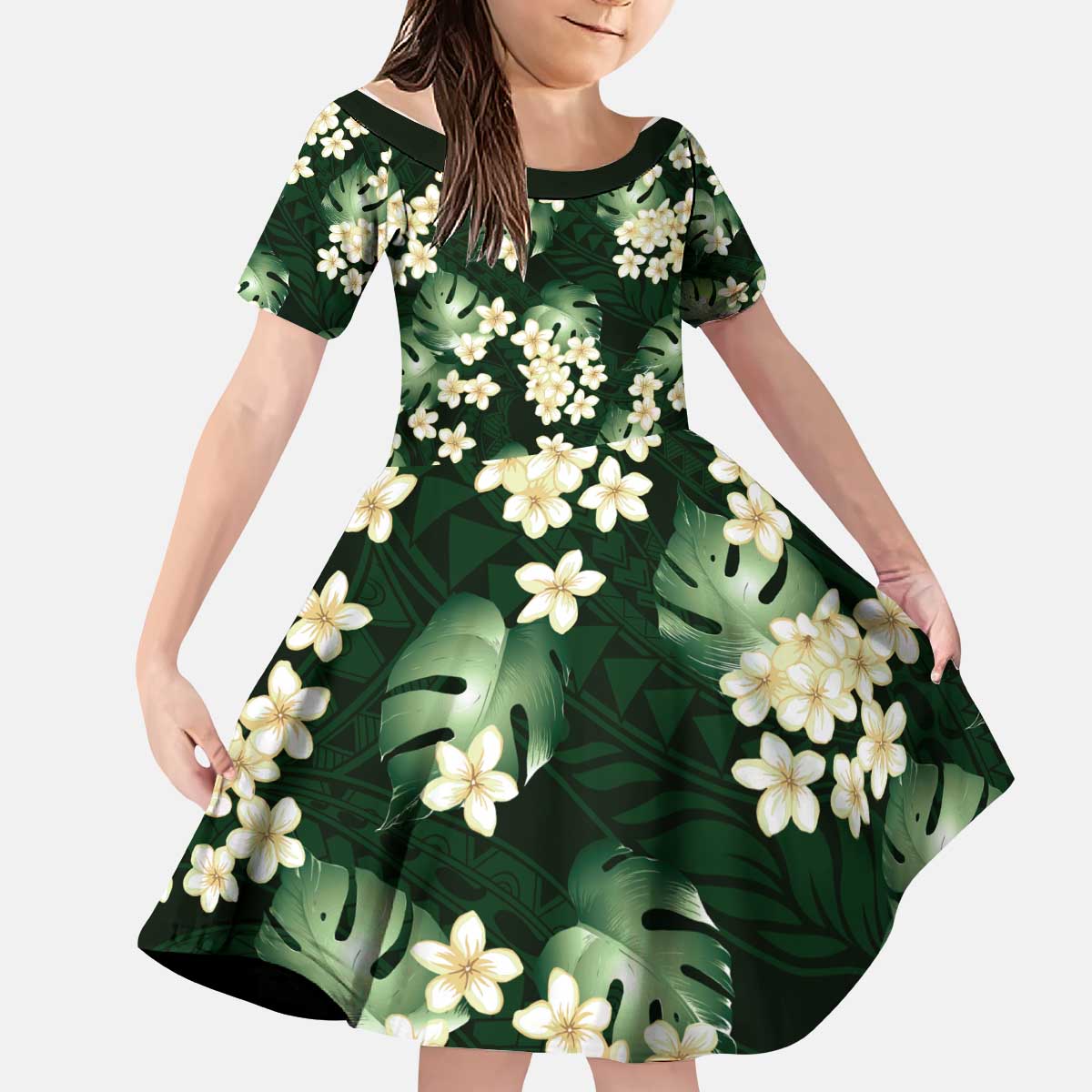 Green Tropical Hawaii Kid Short Sleeve Dress Seamless Monstera Plumeria Hawaiian Pattern - Polynesian Pride