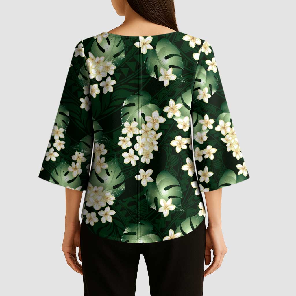 Green Tropical Hawaii Kimono Sleeve Blouse Seamless Monstera Plumeria Hawaiian Pattern LT14 - Polynesian Pride