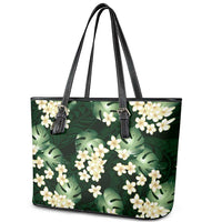 Green Tropical Hawaii Leather Tote Bag Seamless Monstera Plumeria Hawaiian Pattern - Polynesian Pride