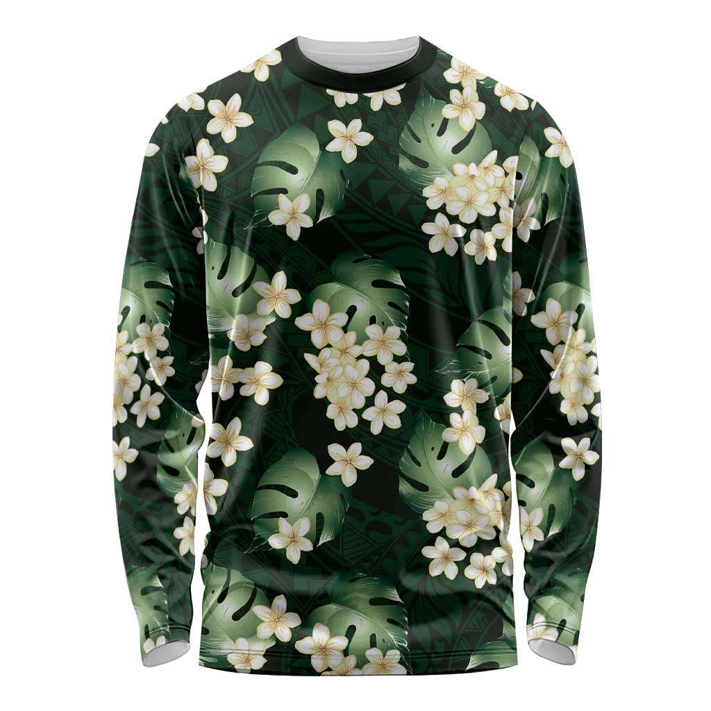 Green Tropical Hawaii Long Sleeve Shirt Seamless Monstera Plumeria Hawaiian Pattern LT14 Unisex Green - Polynesian Pride