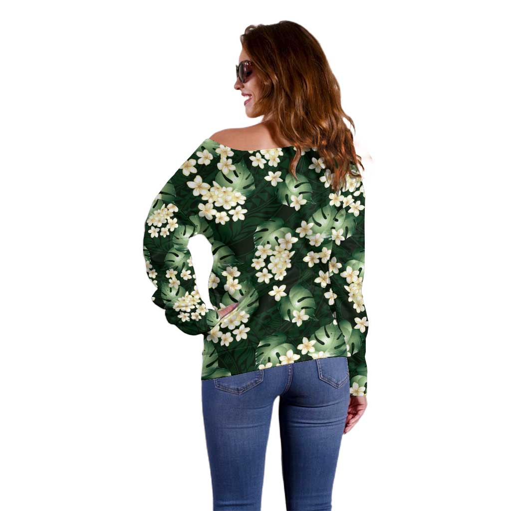 Green Tropical Hawaii Off Shoulder Sweater Seamless Monstera Plumeria Hawaiian Pattern - Polynesian Pride