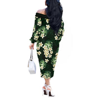 Green Tropical Hawaii Off The Shoulder Long Sleeve Dress Seamless Monstera Plumeria Hawaiian Pattern - Polynesian Pride