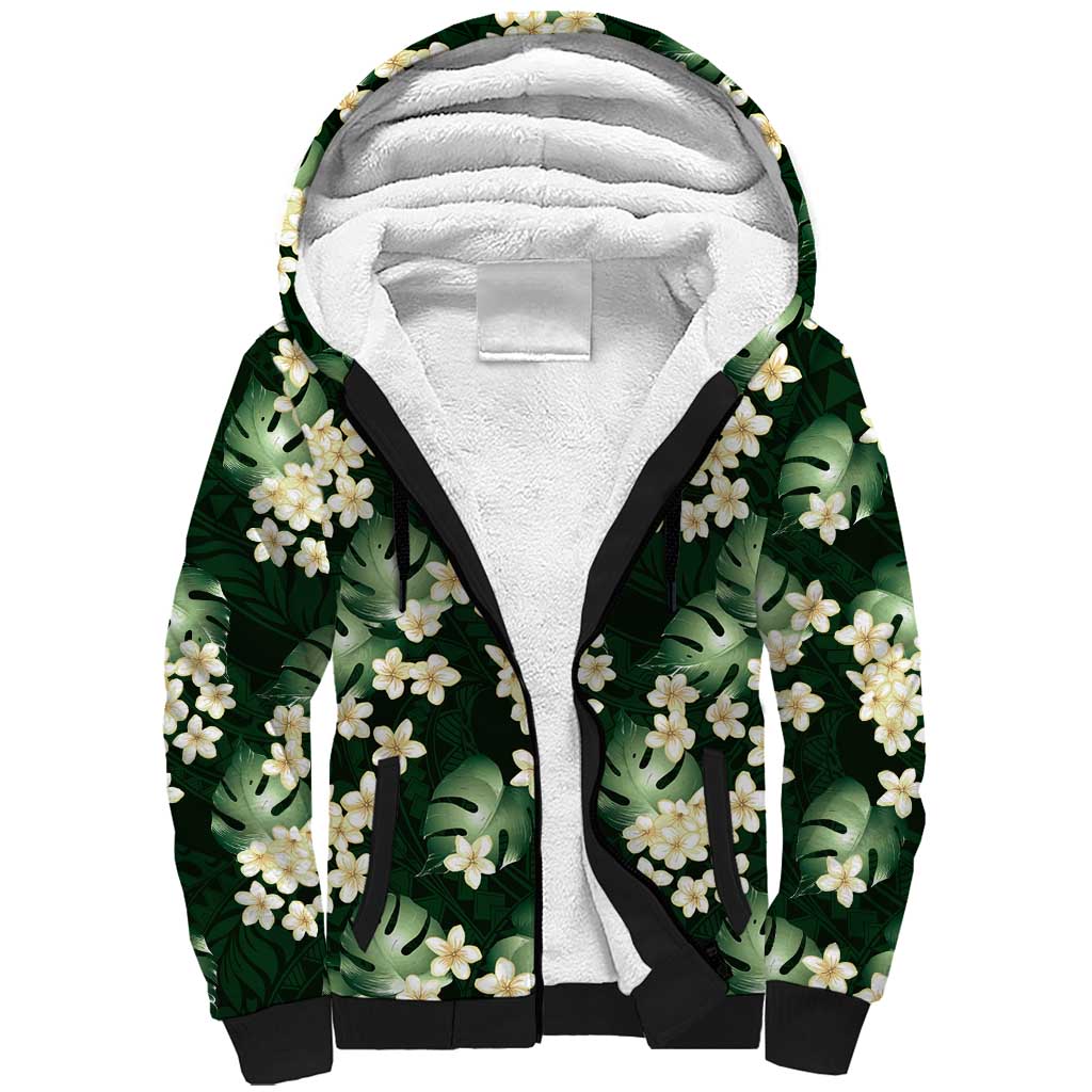 Green Tropical Hawaii Sherpa Hoodie Seamless Monstera Plumeria Hawaiian Pattern LT14 Unisex Green - Polynesian Pride