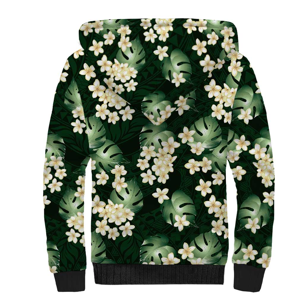 Green Tropical Hawaii Sherpa Hoodie Seamless Monstera Plumeria Hawaiian Pattern LT14 - Polynesian Pride
