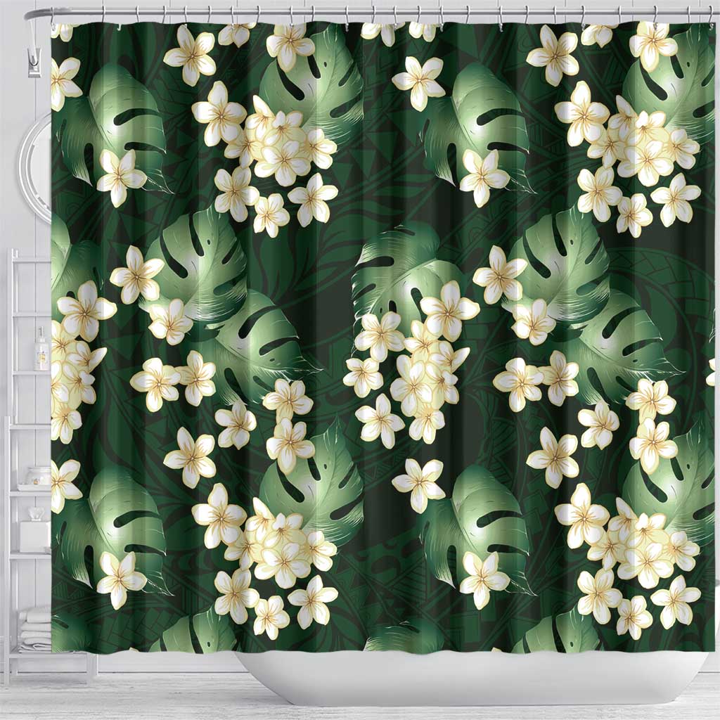 Green Tropical Hawaii Shower Curtain Seamless Monstera Plumeria Hawaiian Pattern - Polynesian Pride