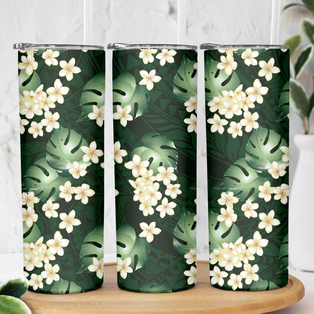 Green Tropical Hawaii Skinny Tumbler Seamless Monstera Plumeria Hawaiian Pattern - Polynesian Pride