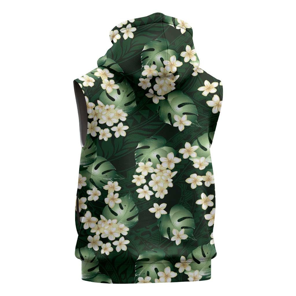 Green Tropical Hawaii Sleeveless Hoodie Seamless Monstera Plumeria Hawaiian Pattern LT14 - Polynesian Pride
