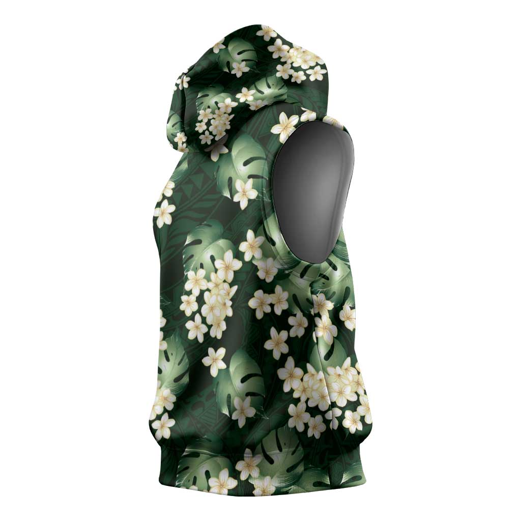 Green Tropical Hawaii Sleeveless Hoodie Seamless Monstera Plumeria Hawaiian Pattern LT14 - Polynesian Pride