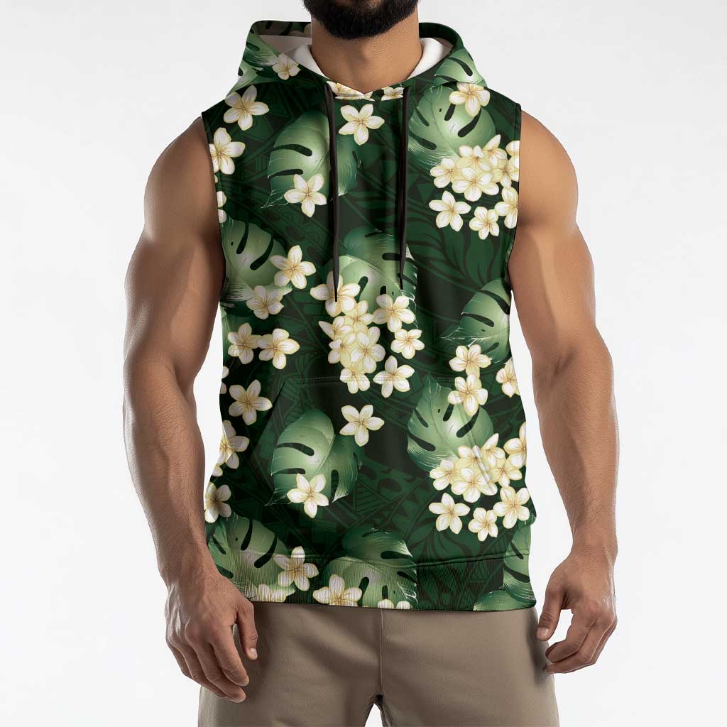 Green Tropical Hawaii Sleeveless Hoodie Seamless Monstera Plumeria Hawaiian Pattern LT14 - Polynesian Pride