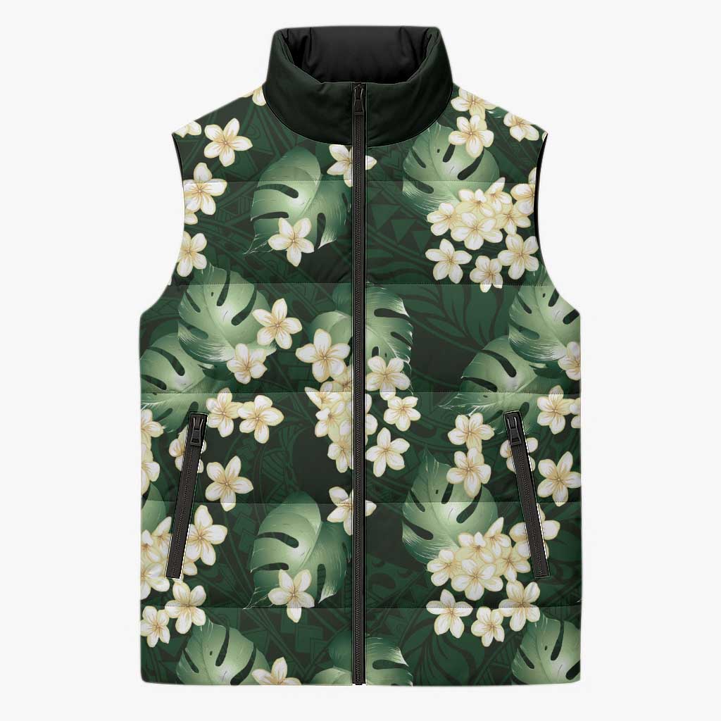 Green Tropical Hawaii Sleeveless Puffer Jacket Seamless Monstera Plumeria Hawaiian Pattern LT14 Unisex Green - Polynesian Pride