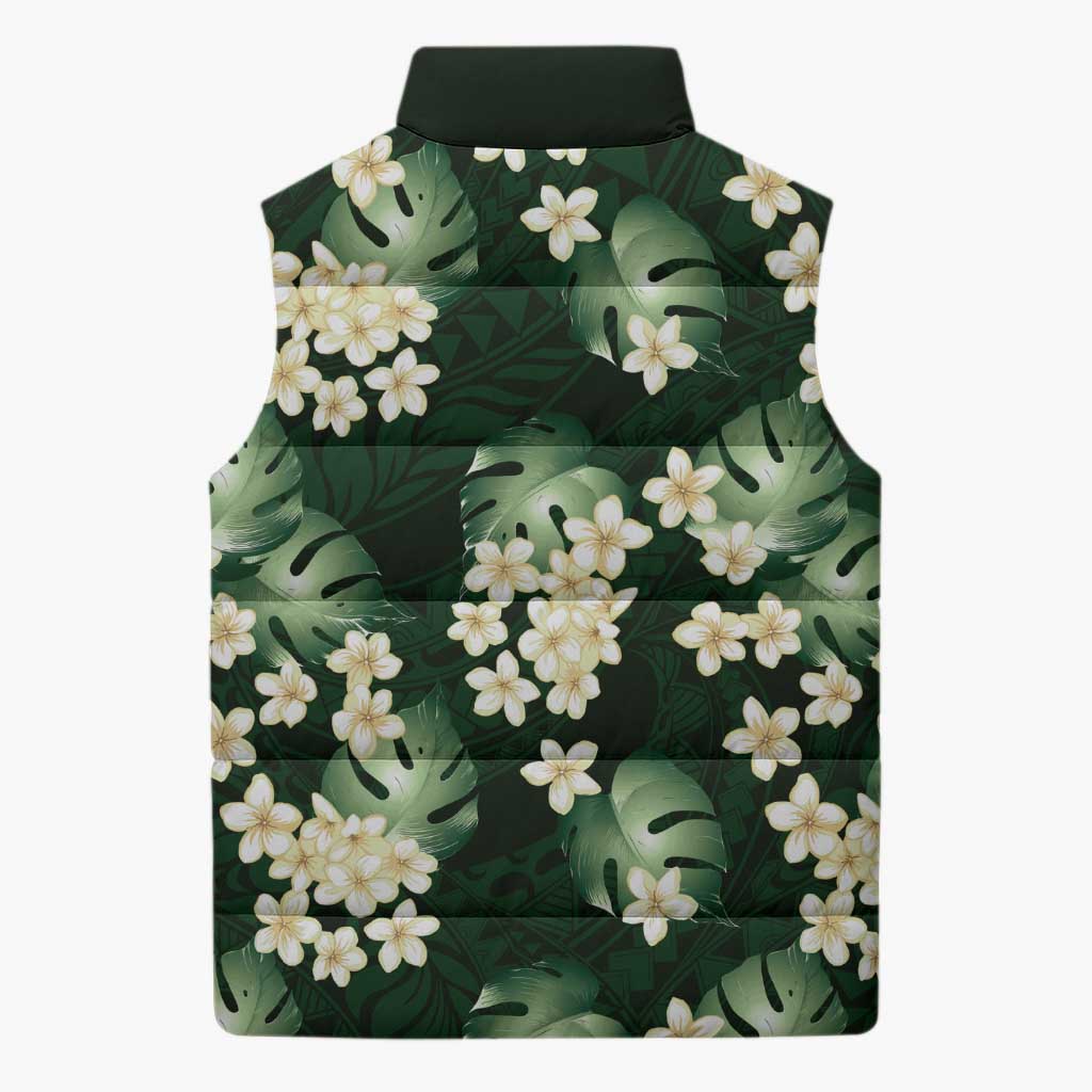 Green Tropical Hawaii Sleeveless Puffer Jacket Seamless Monstera Plumeria Hawaiian Pattern LT14 - Polynesian Pride