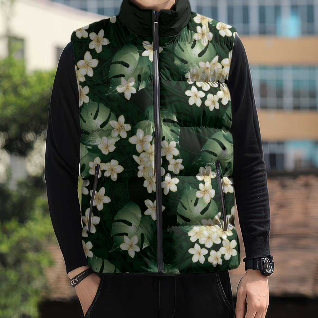 Green Tropical Hawaii Sleeveless Puffer Jacket Seamless Monstera Plumeria Hawaiian Pattern LT14 - Polynesian Pride