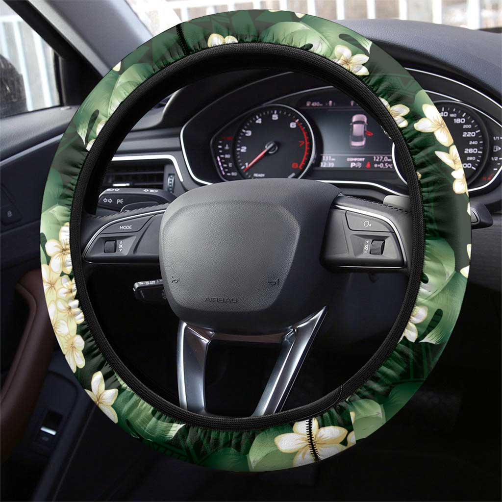 Green Tropical Hawaii Steering Wheel Cover Seamless Monstera Plumeria Hawaiian Pattern - Polynesian Pride