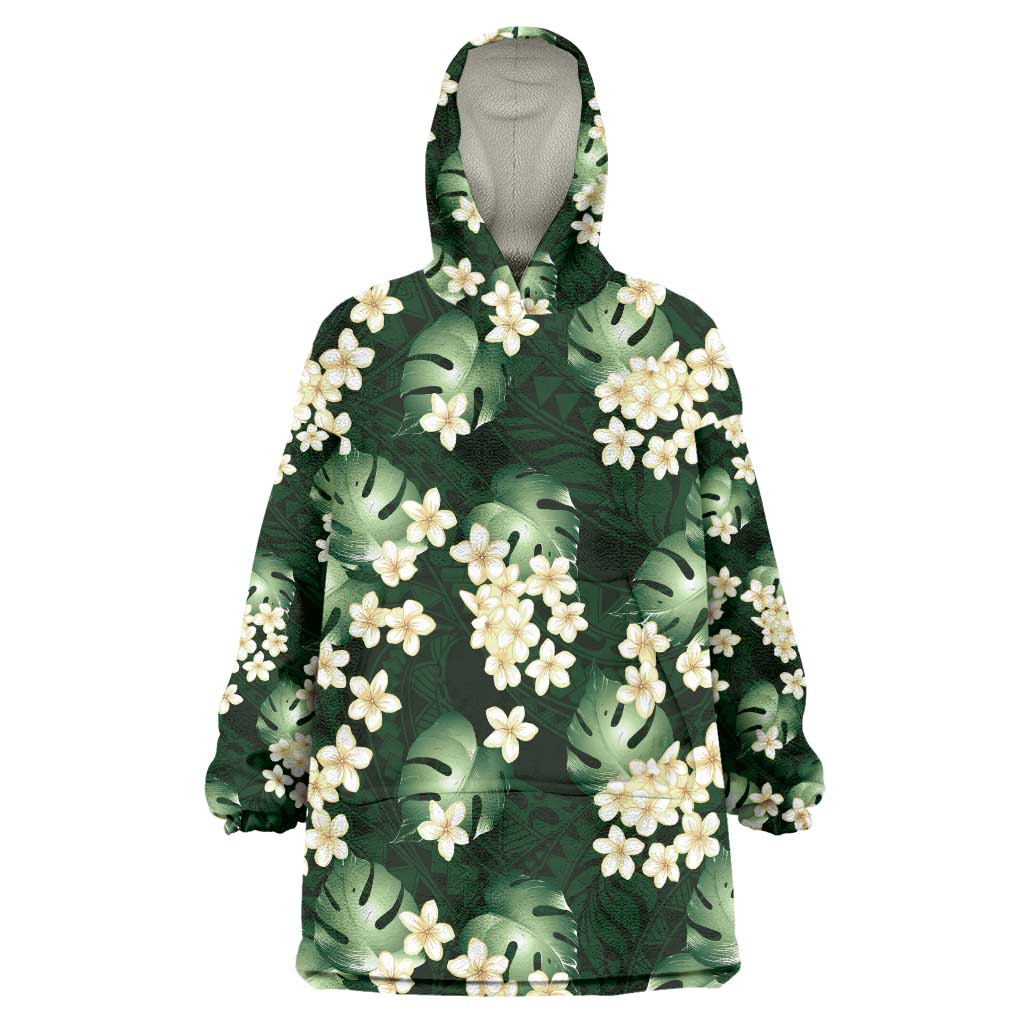 Green Tropical Hawaii Wearable Blanket Hoodie Seamless Monstera Plumeria Hawaiian Pattern LT14 One Size Green - Polynesian Pride