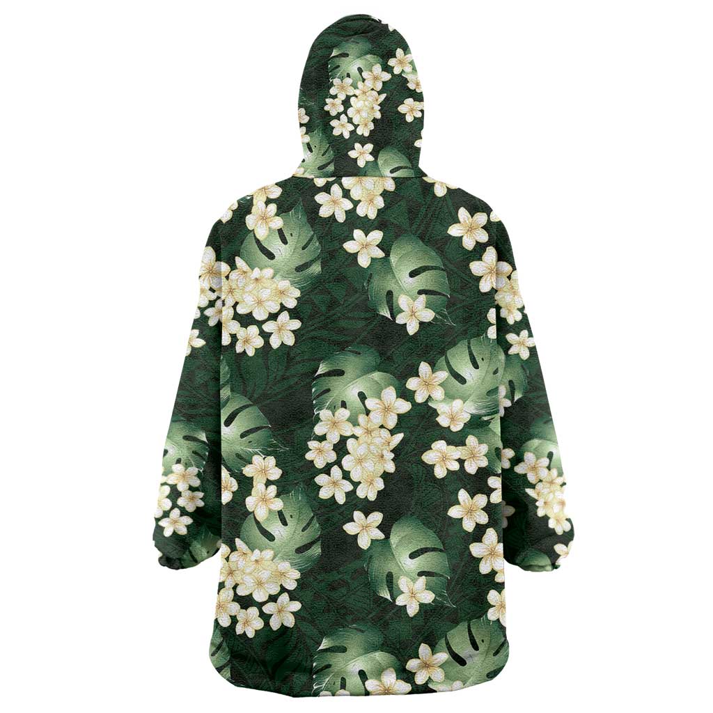 Green Tropical Hawaii Wearable Blanket Hoodie Seamless Monstera Plumeria Hawaiian Pattern LT14 - Polynesian Pride