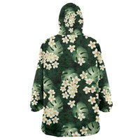 Green Tropical Hawaii Wearable Blanket Hoodie Seamless Monstera Plumeria Hawaiian Pattern LT14 - Polynesian Pride