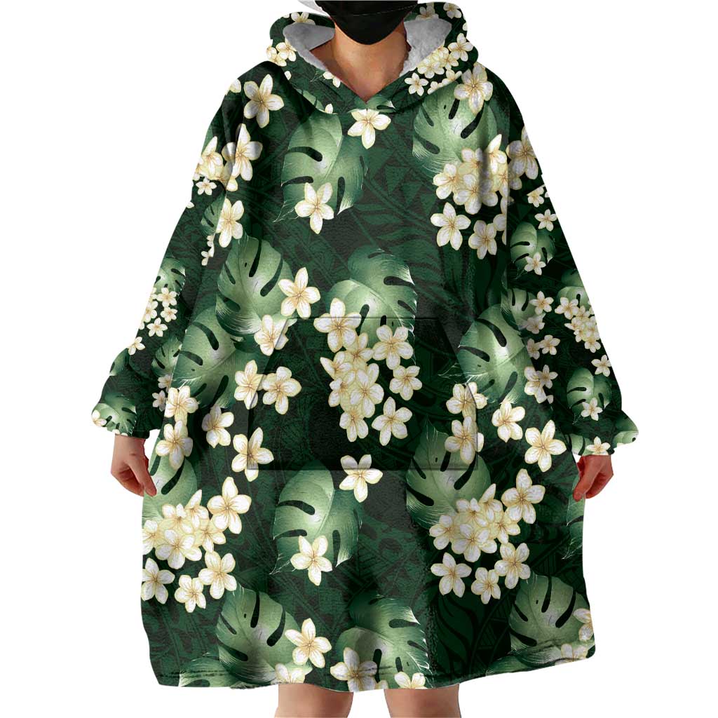 Green Tropical Hawaii Wearable Blanket Hoodie Seamless Monstera Plumeria Hawaiian Pattern LT14 - Polynesian Pride