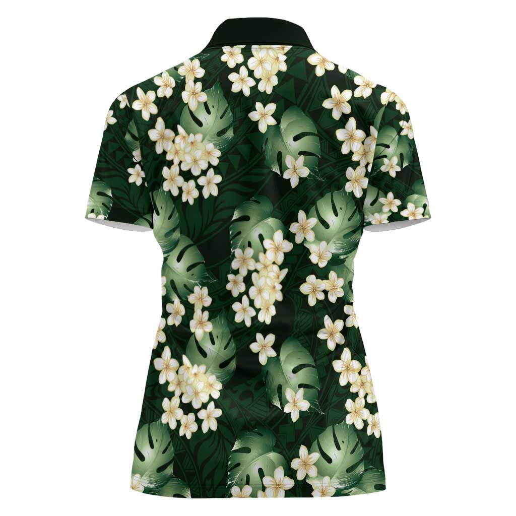 Green Tropical Hawaii Women Polo Shirt Seamless Monstera Plumeria Hawaiian Pattern - Polynesian Pride