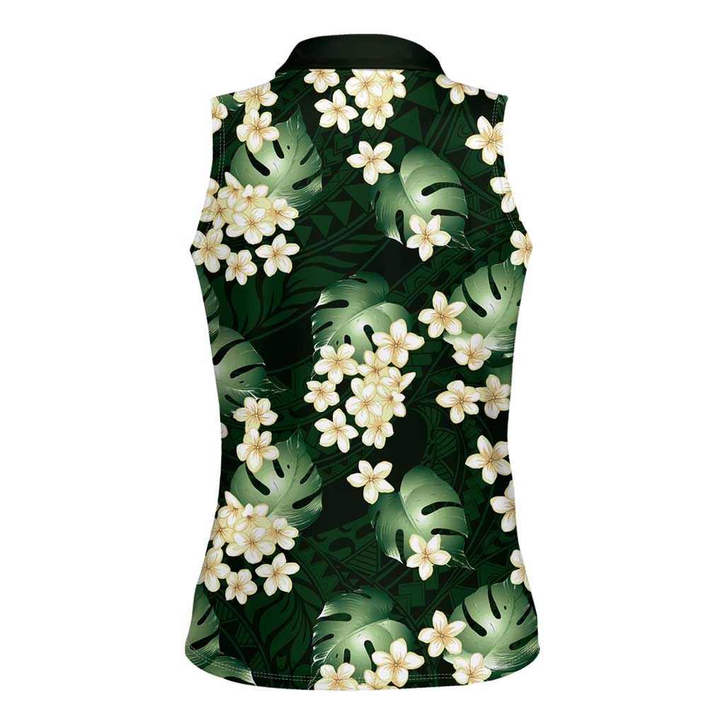 Green Tropical Hawaii Women Sleeveless Polo Shirt Seamless Monstera Plumeria Hawaiian Pattern LT14 - Polynesian Pride