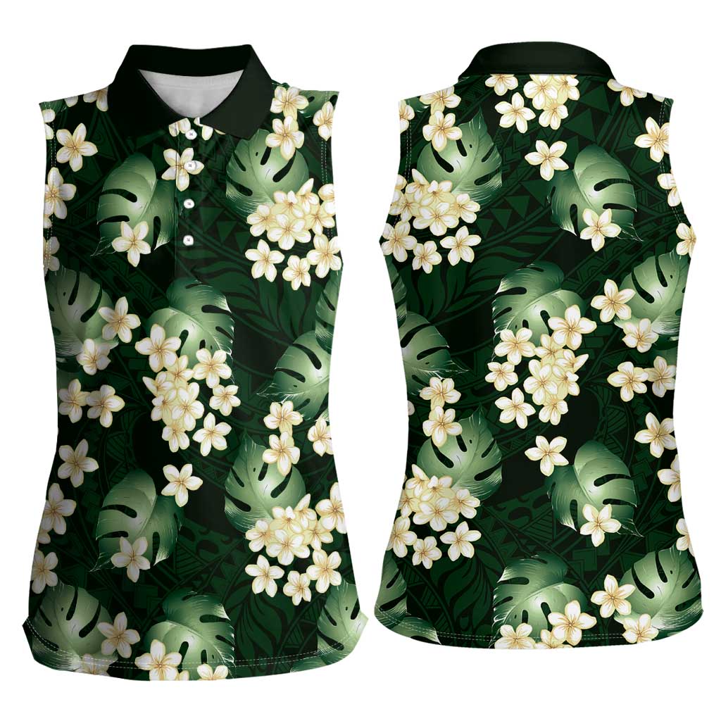 Green Tropical Hawaii Women Sleeveless Polo Shirt Seamless Monstera Plumeria Hawaiian Pattern LT14 - Polynesian Pride