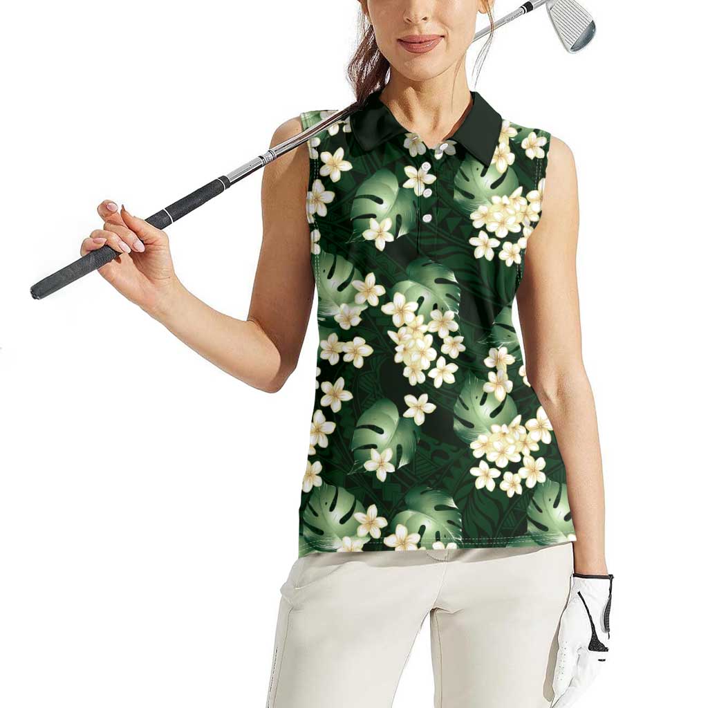 Green Tropical Hawaii Women Sleeveless Polo Shirt Seamless Monstera Plumeria Hawaiian Pattern LT14 - Polynesian Pride