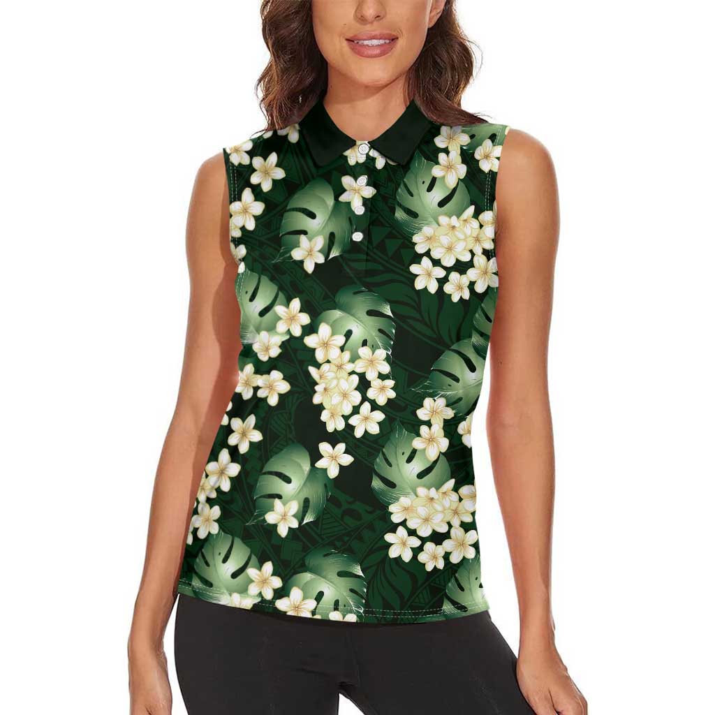 Green Tropical Hawaii Women Sleeveless Polo Shirt Seamless Monstera Plumeria Hawaiian Pattern LT14 - Polynesian Pride