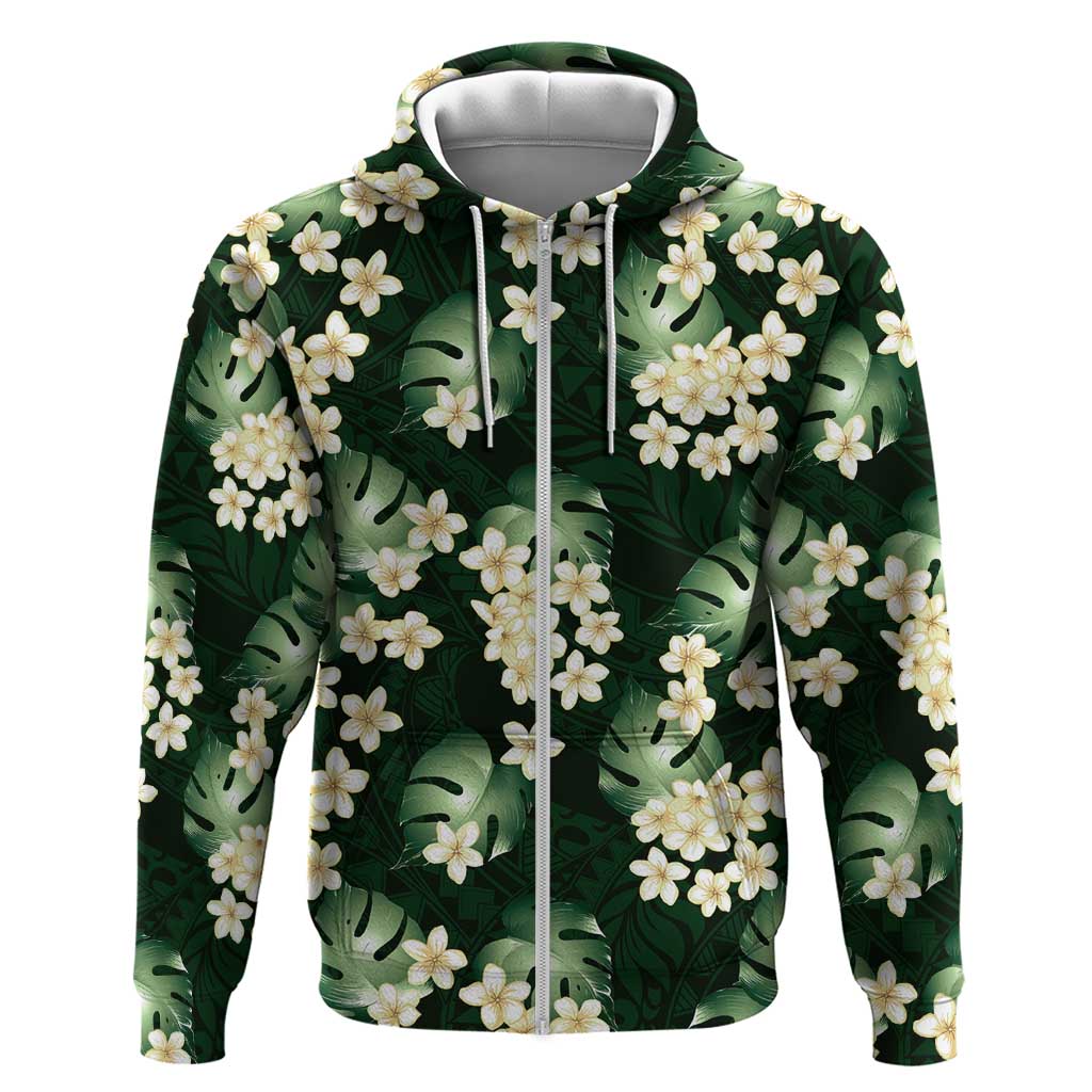 Green Tropical Hawaii Zip Hoodie Seamless Monstera Plumeria Hawaiian Pattern - Polynesian Pride