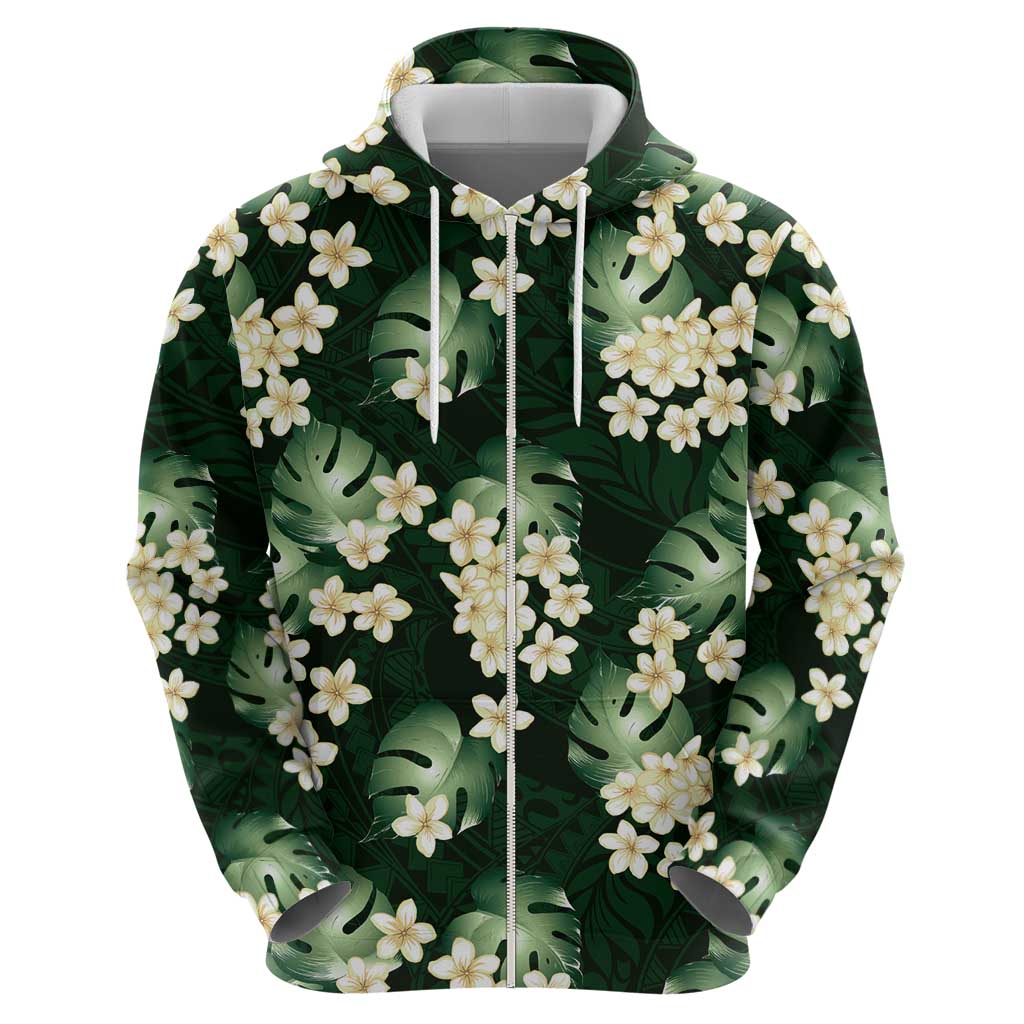 Green Tropical Hawaii Zip Hoodie Seamless Monstera Plumeria Hawaiian Pattern - Polynesian Pride