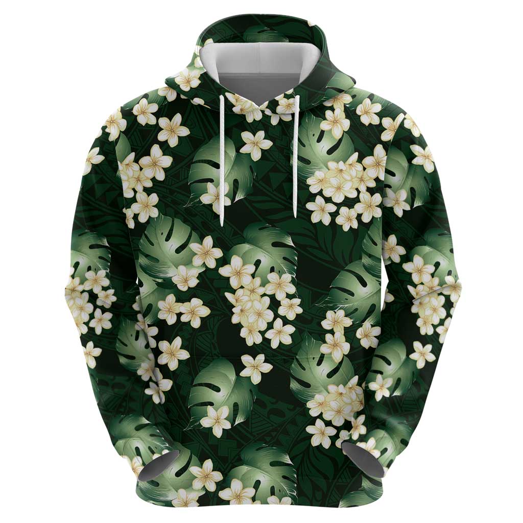 Green Tropical Hawaii Zip Hoodie Seamless Monstera Plumeria Hawaiian Pattern - Polynesian Pride
