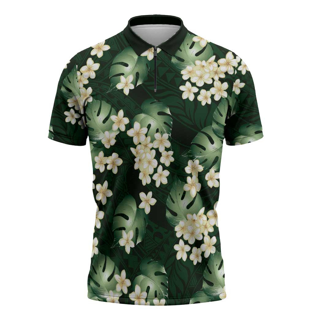 Green Tropical Hawaii Zipper Polo Shirt Seamless Monstera Plumeria Hawaiian Pattern LT14 Green - Polynesian Pride