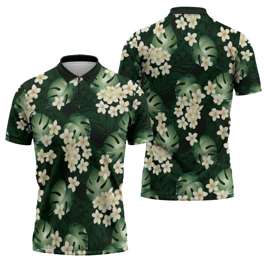 Green Tropical Hawaii Zipper Polo Shirt Seamless Monstera Plumeria Hawaiian Pattern LT14 - Polynesian Pride