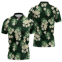 Green Tropical Hawaii Zipper Polo Shirt Seamless Monstera Plumeria Hawaiian Pattern LT14 - Polynesian Pride