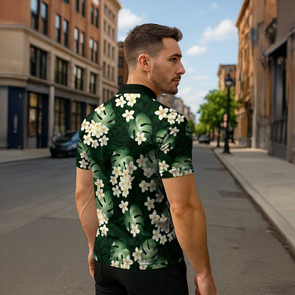 Green Tropical Hawaii Zipper Polo Shirt Seamless Monstera Plumeria Hawaiian Pattern LT14 - Polynesian Pride