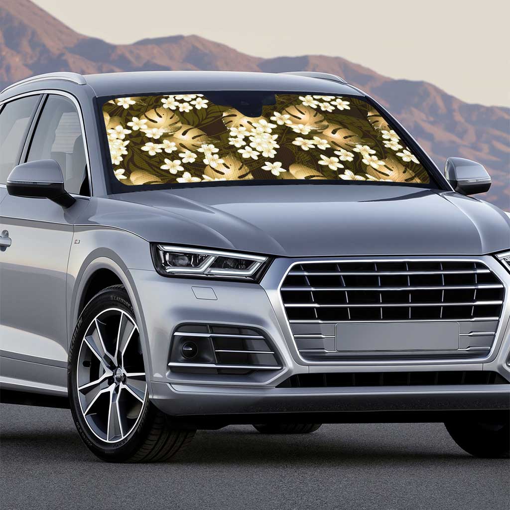 Gold Tropical Hawaii Auto Sun Shade Seamless Monstera Plumeria Hawaiian Pattern - Polynesian Pride