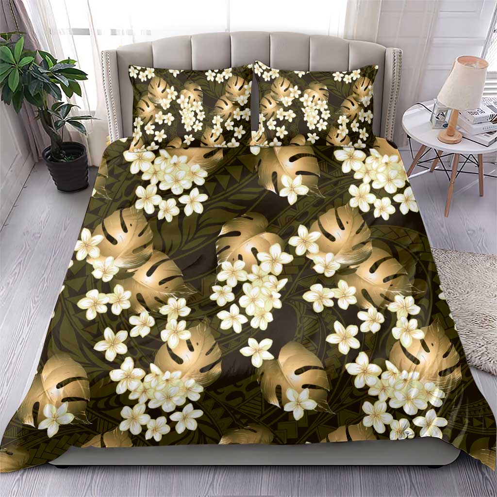 Gold Tropical Hawaii Bedding Set Seamless Monstera Plumeria Hawaiian Pattern - Polynesian Pride