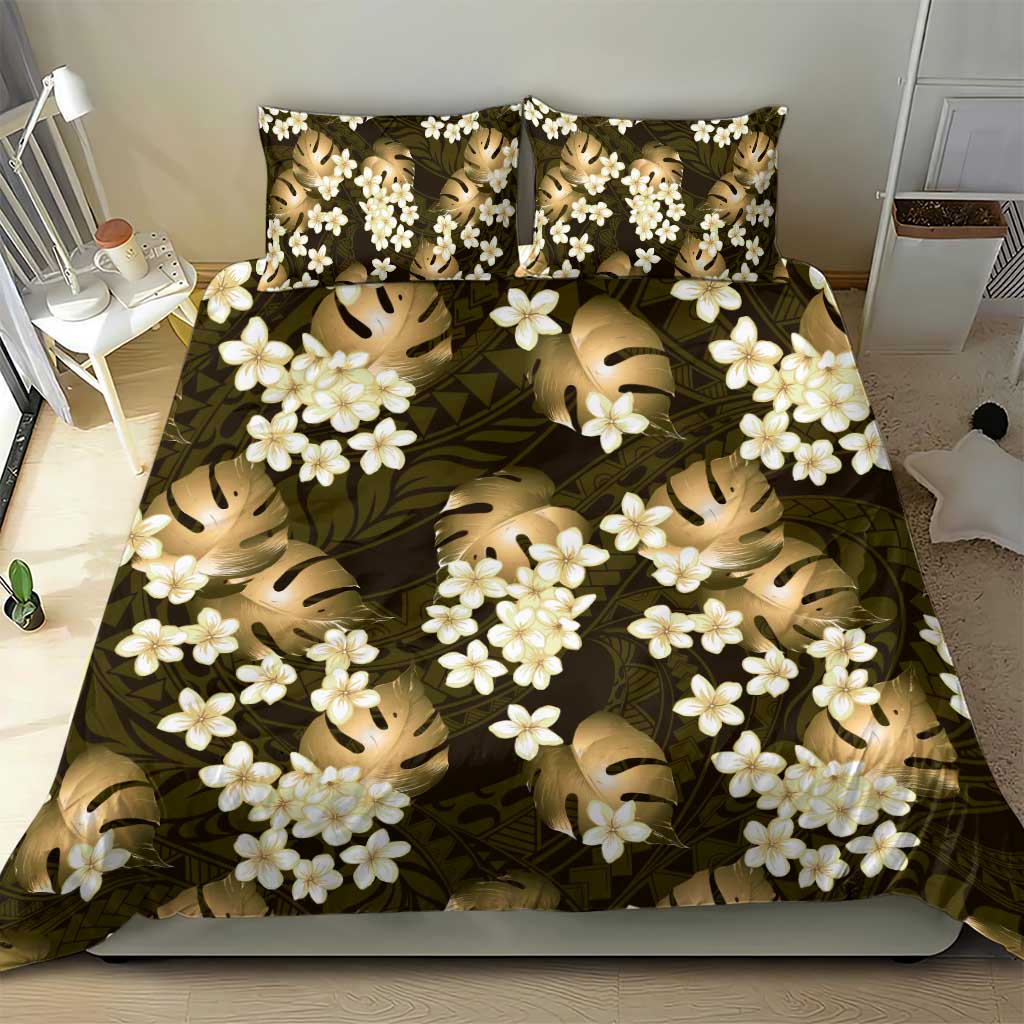 Gold Tropical Hawaii Bedding Set Seamless Monstera Plumeria Hawaiian Pattern - Polynesian Pride